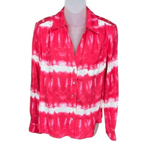 INC International Concepts Top Tie Dye Pink White Button Front Collar Small - Picture 1 of 15